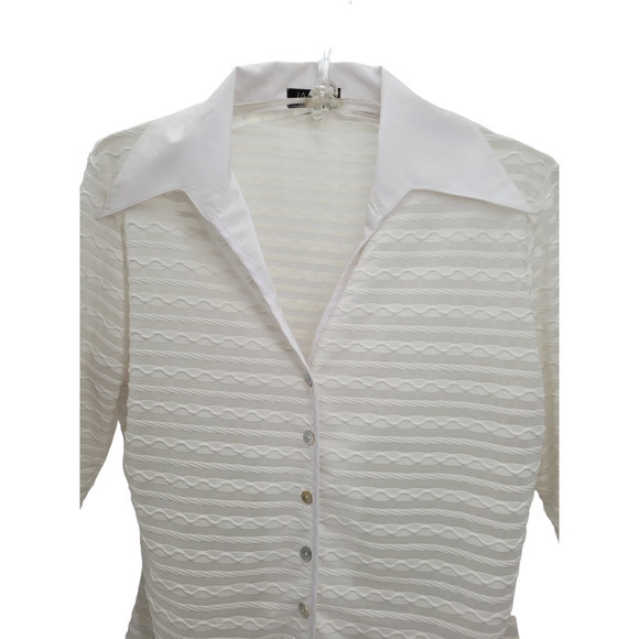 Vintage Jaipur White Sheer Striped Long Sleeve V-Neck Stretchy Button Up‎ Blouse - Picture 6 of 12